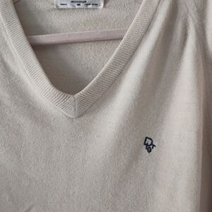Cream V-Neck Sweater with Embroidered Logo